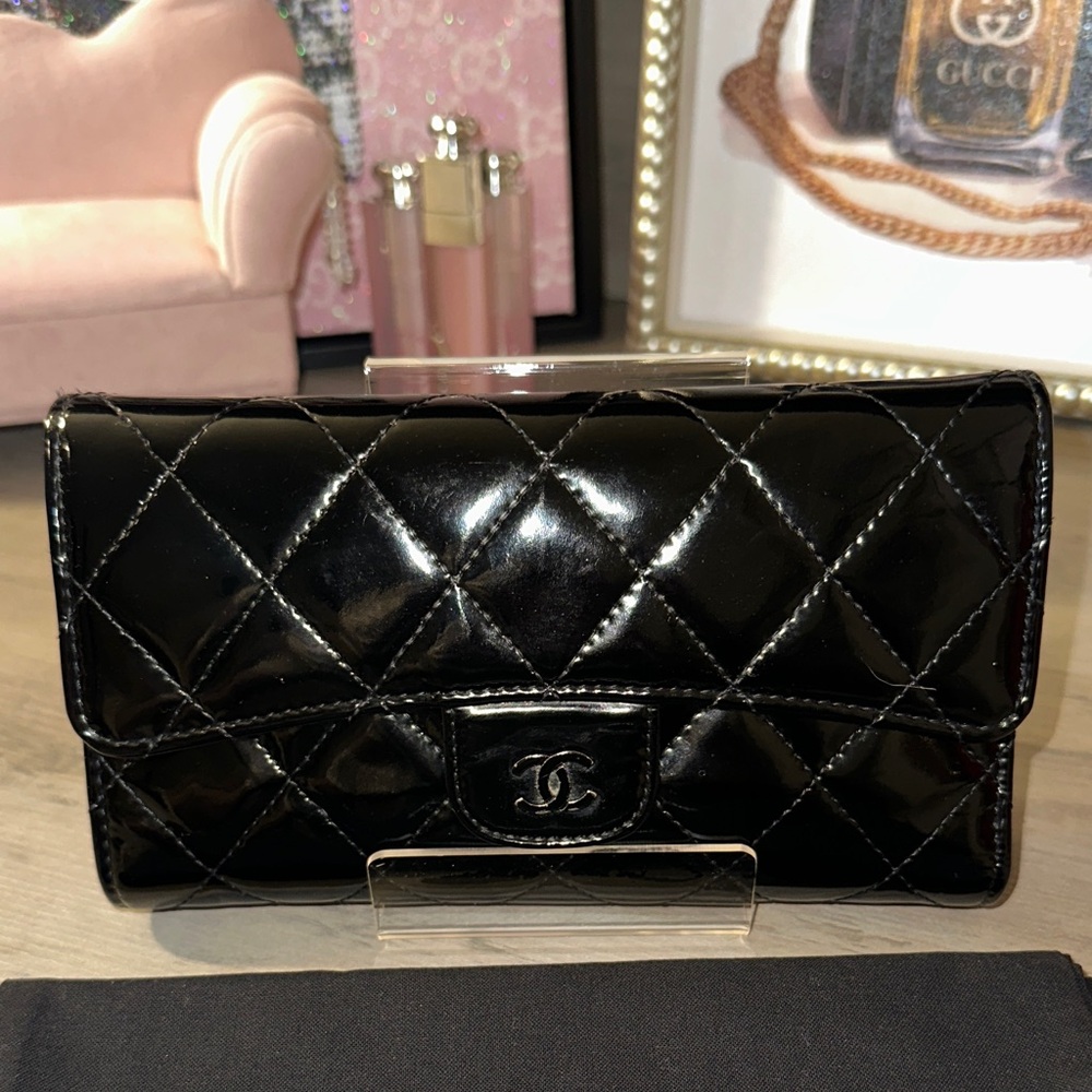 CHANEL So Black Quilted Patent Leather Long Flap Wallet with Classic CC Logo